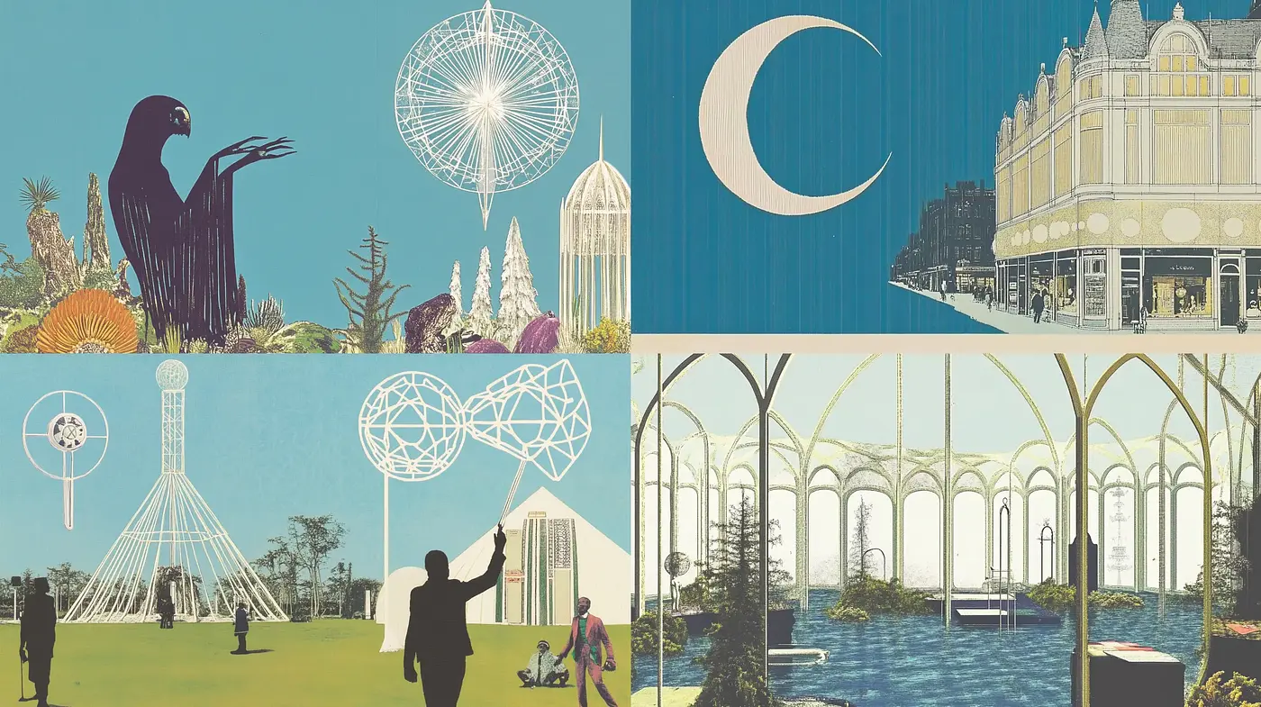 Ethereal Architectural Dreamscape in Retro-Futuristic Illustration - Midjourney sref style