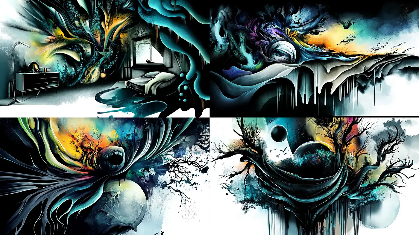 Ethereal Dreamscape Fusion with Vivid Contrasts and Surrealist Overtones - Midjourney sref style