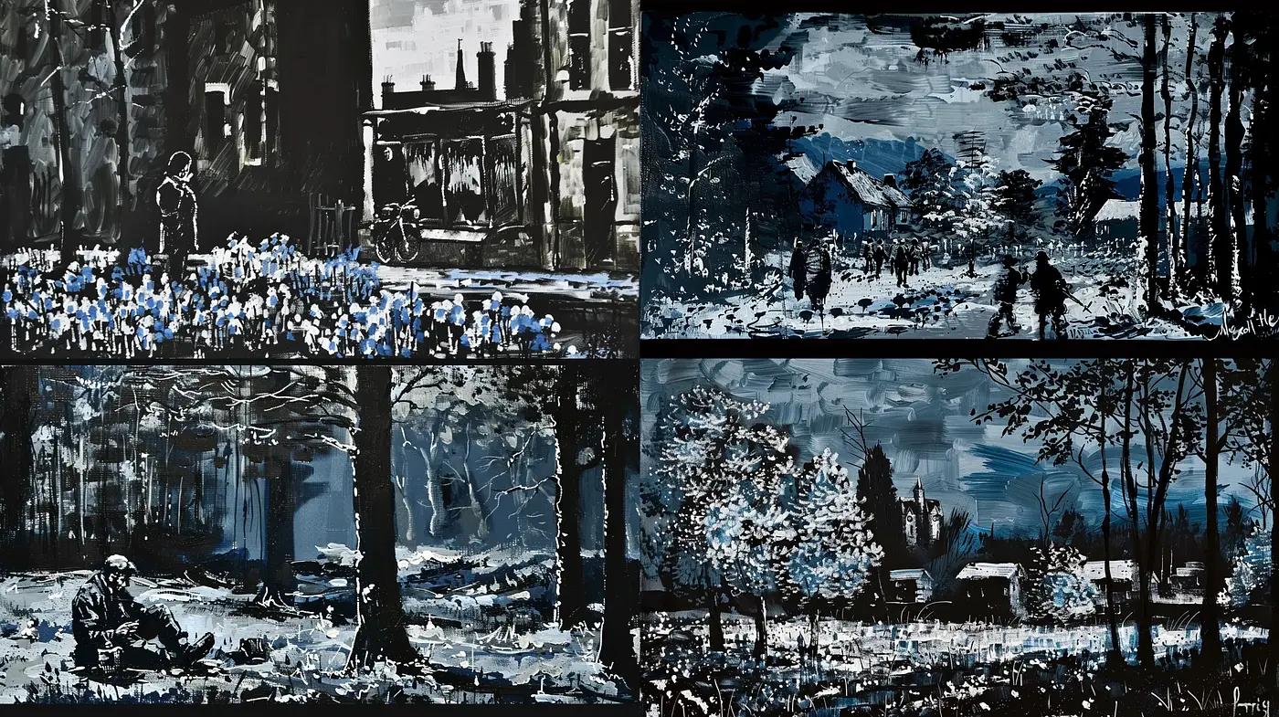 Monochromatic Symphony: Expressive Brushwork and Stark Contrasts - Midjourney sref style