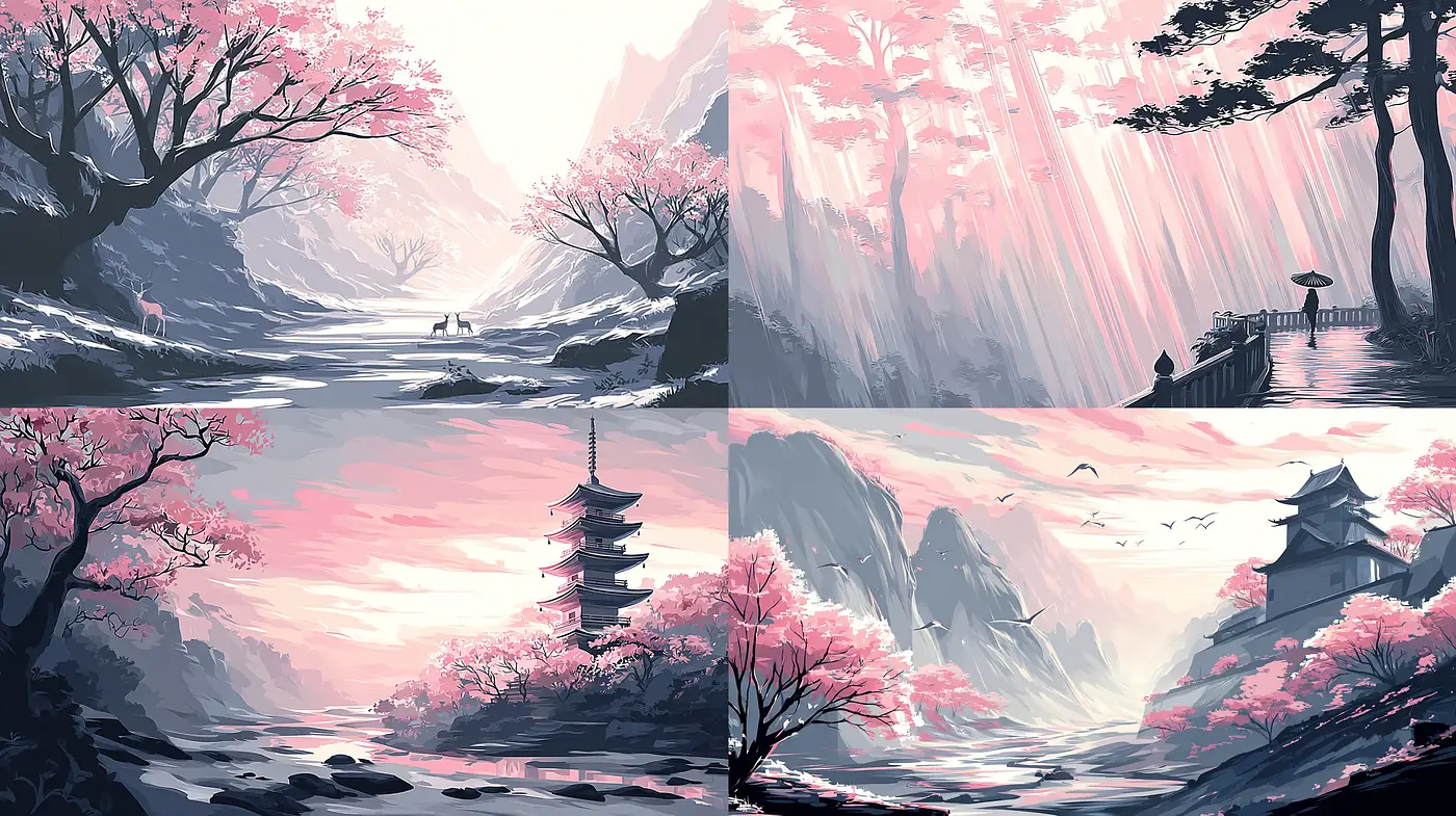 Serene and Ethereal Landscapes with Cherry Blossoms and Soft Light - Midjourney sref style