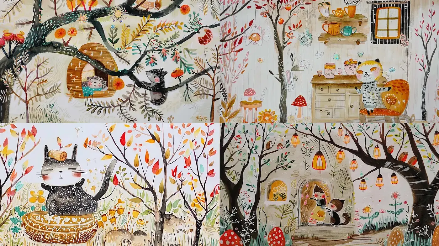 Whimsical Nature Scenes with Cozy Animal Characters - Midjourney sref style