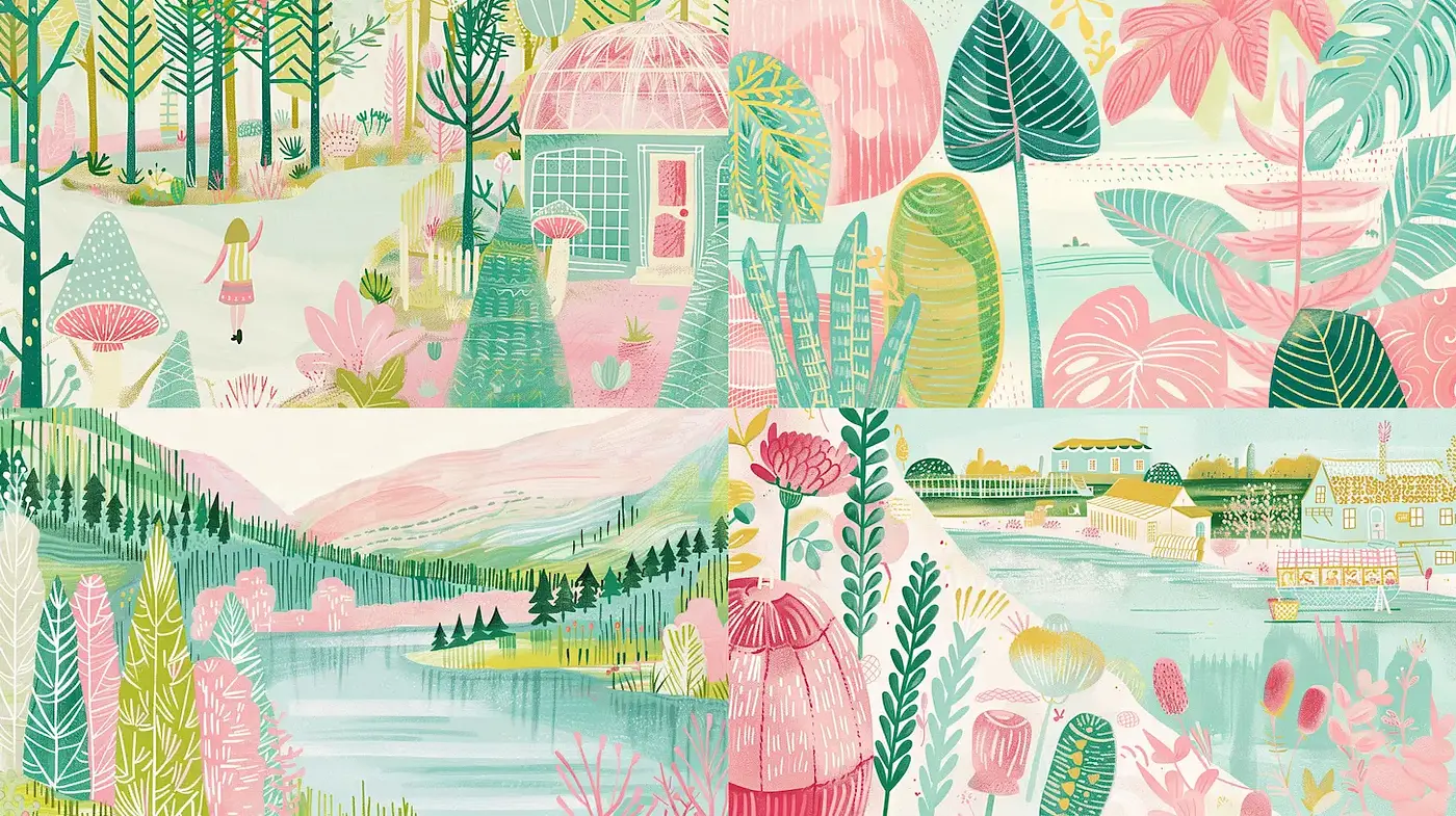 Whimsical and Pastoral Delights with Organic Shapes and Soft Colors - Midjourney sref style