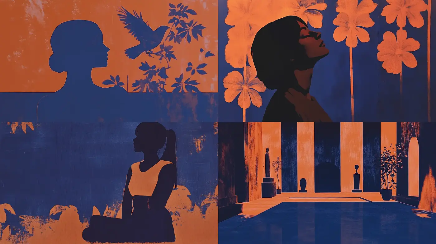 Midnight Azure and Sunset Orange: A Study in Silhouettes and Contrasts - Midjourney sref style
