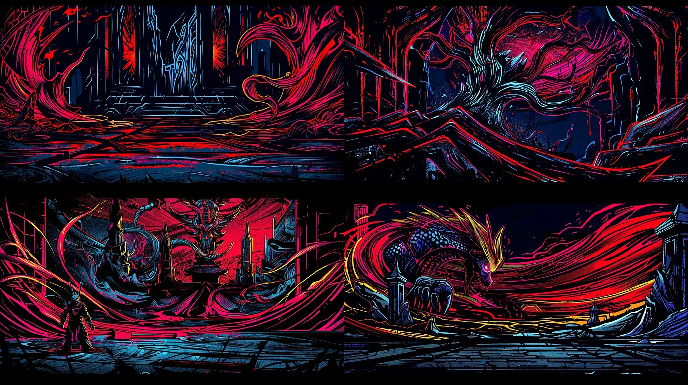 Neon-Noir Fantasy: A Vivid Dance of Color and Shadow - Midjourney sref style