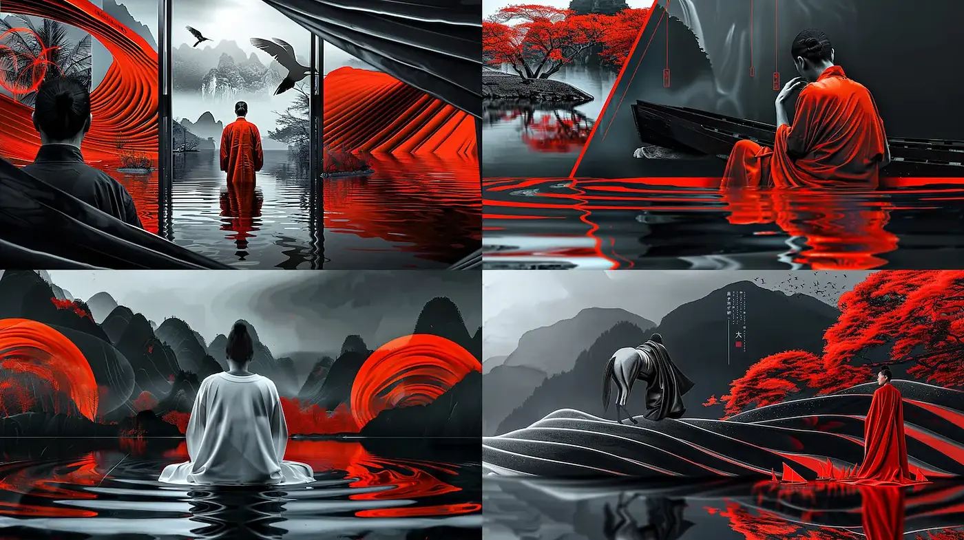 Dynamic and Contemplative Landscape with Cultural Elements - Midjourney sref style
