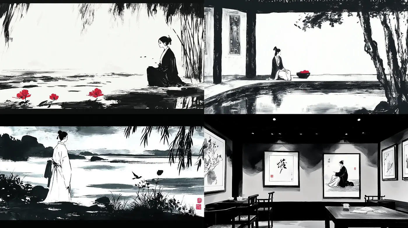 Monochromatic Elegance Meets Traditional Asian Ink Wash - Midjourney sref style
