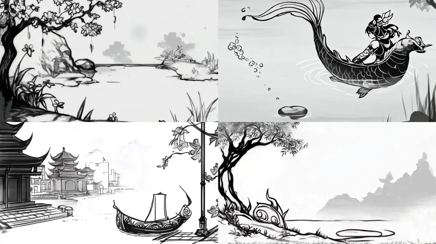 Monochromatic Serenity: Stylized Ink Wash Illustrations with an Ethereal Essence - Midjourney sref style