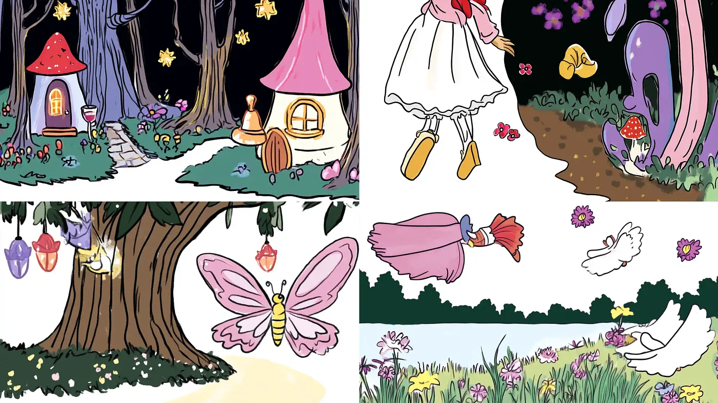Whimsical Storybook Enchantment with Consistent Ink Outlines - Midjourney sref style