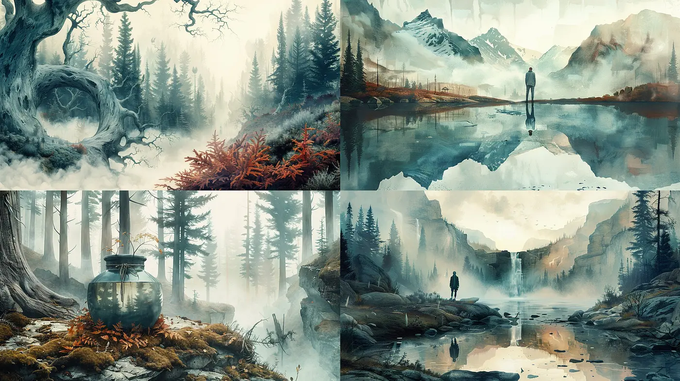 Ethereal Wilderness: A Harmonious Blend of Serenity and Melancholy in Misty Environments - Midjourney sref style
