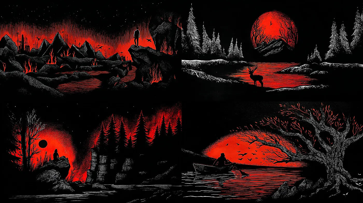 Dark and atmospheric art evoking a haunting wilderness - Midjourney sref style
