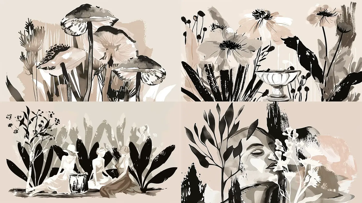 Ethereal Sepia Botanicals: Delicate Illustrative Essence - Midjourney sref style