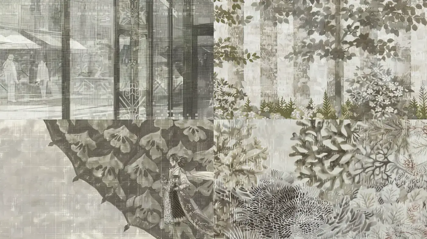 Monochromatic Botanical Tapestry with a Hint of Vintage Photographic Texture - Midjourney sref style