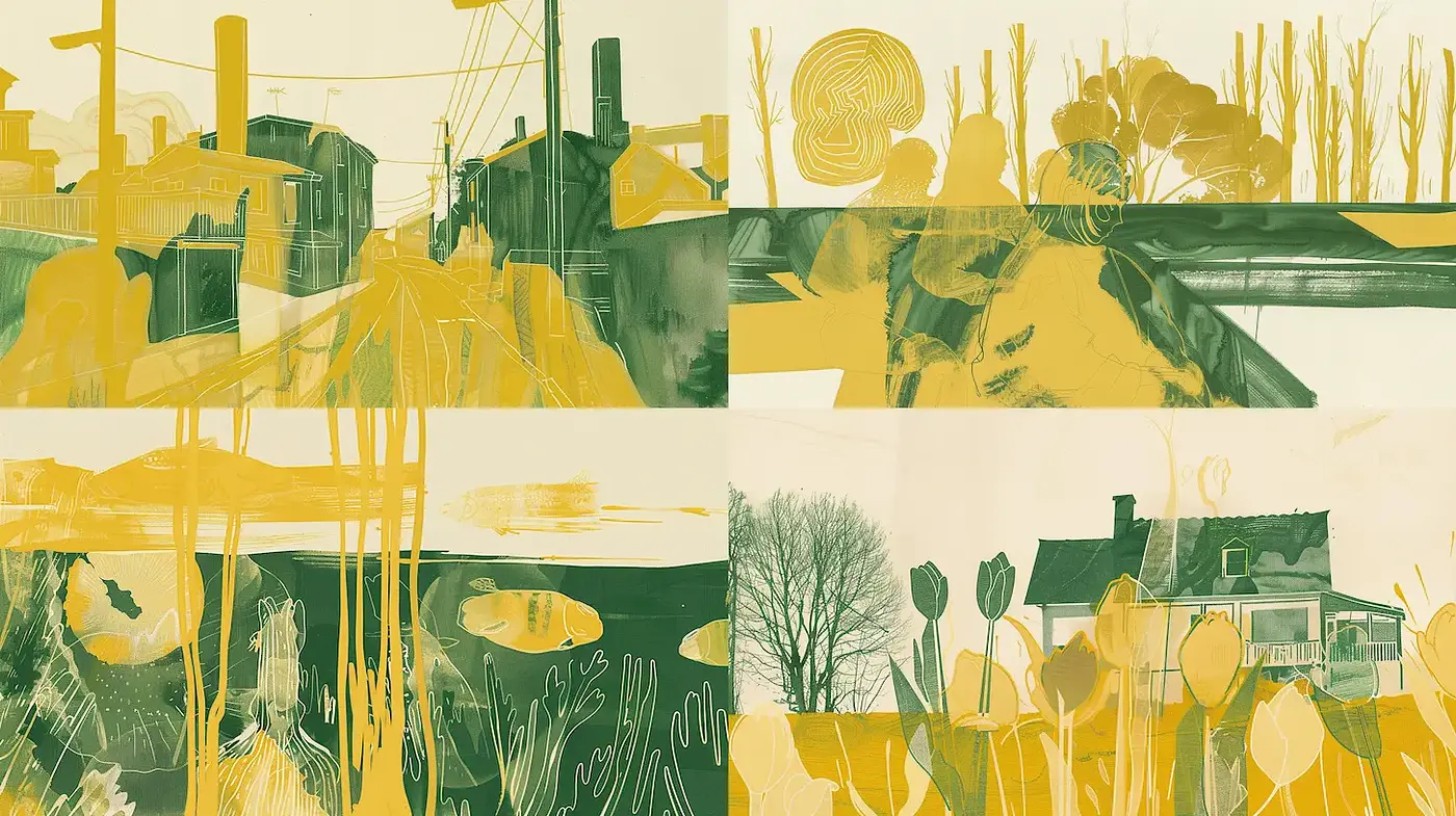 Exploration of Nature and Urban Life in a Minimalist Yellow Palette - Midjourney sref style