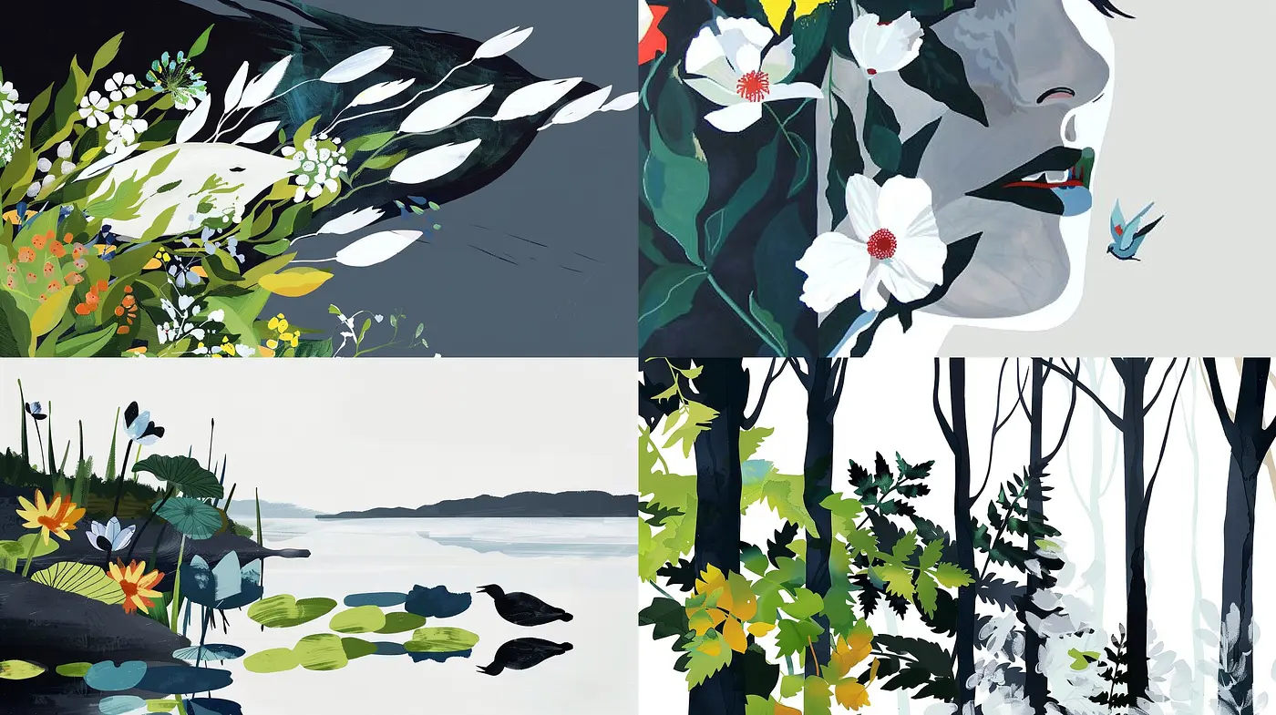 Serenity in Stylized Nature: A Convergence of Modern Simplification and Tranquility - Midjourney sref style