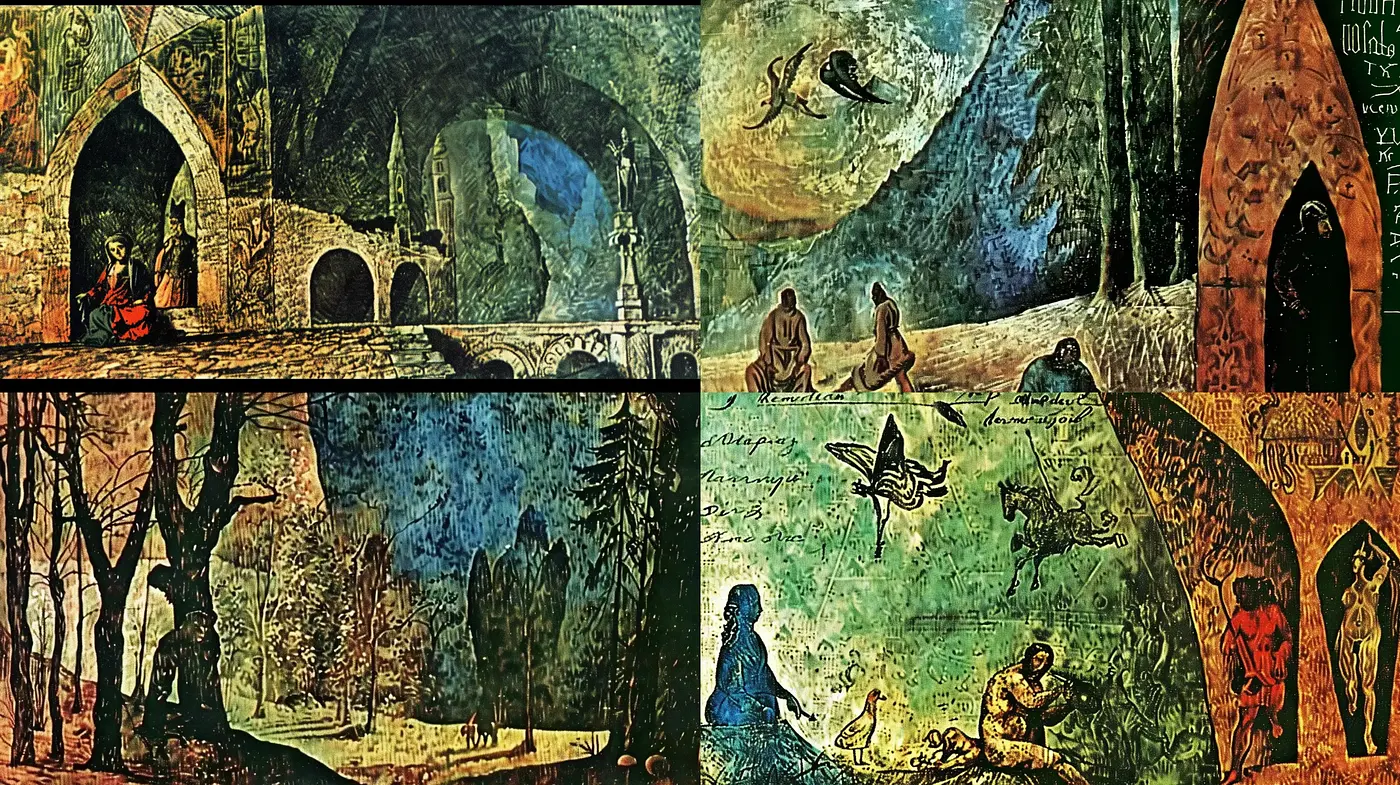 Ethereal Dreamscape Fusion with Surrealist Overtones and Aged Patina - Midjourney sref style