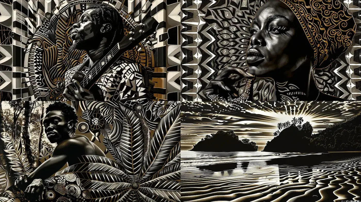 Intricate Monochromatic Art with Vibrant Patterns and Cultural Resonance - Midjourney sref style