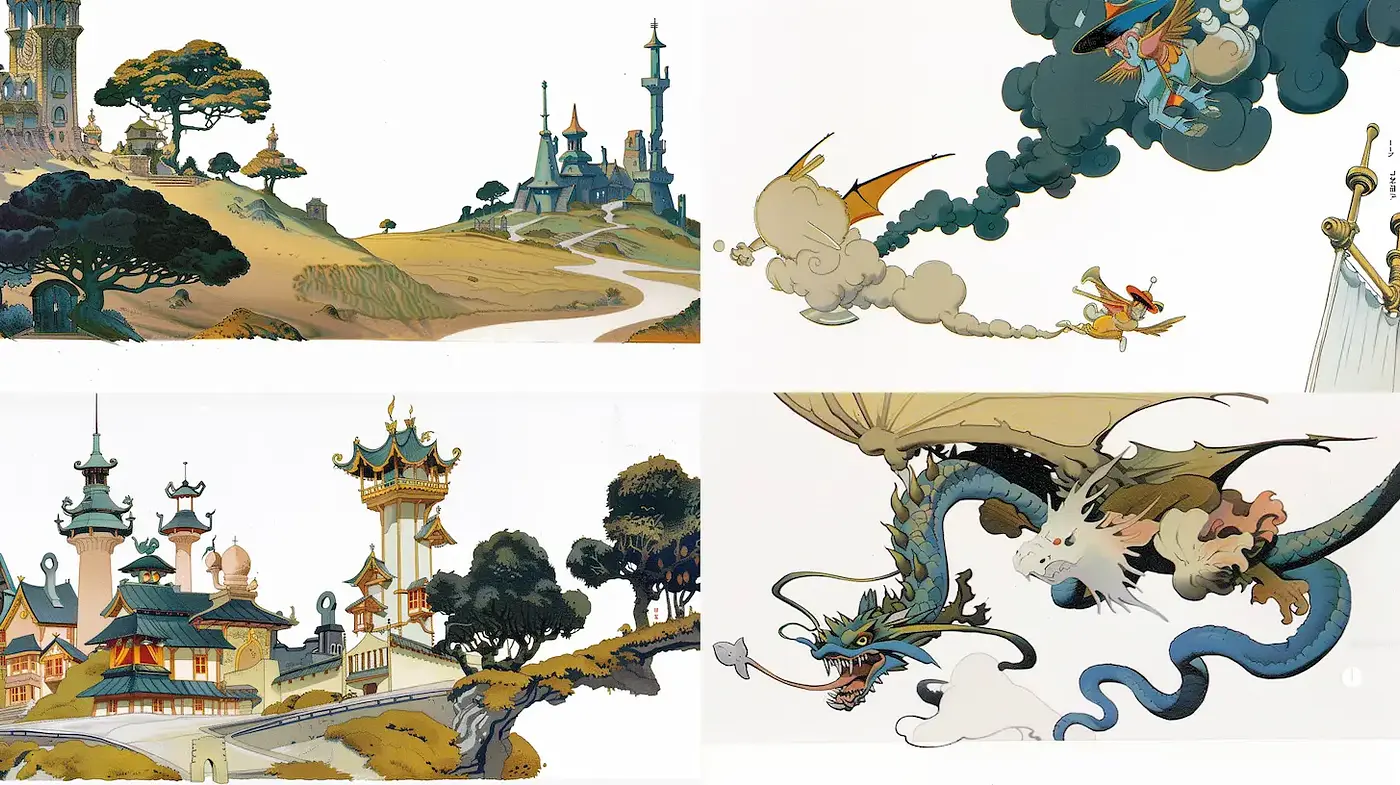 Whimsical Fantasy Illustration with East Asian Influences and Vibrant Colors - Midjourney sref style