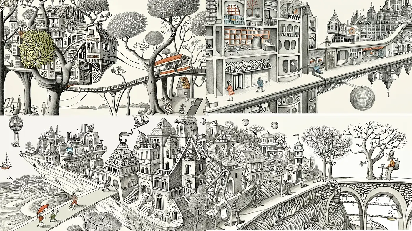 Intricate and Whimsical Architecture in a Dreamlike Setting - Midjourney sref style