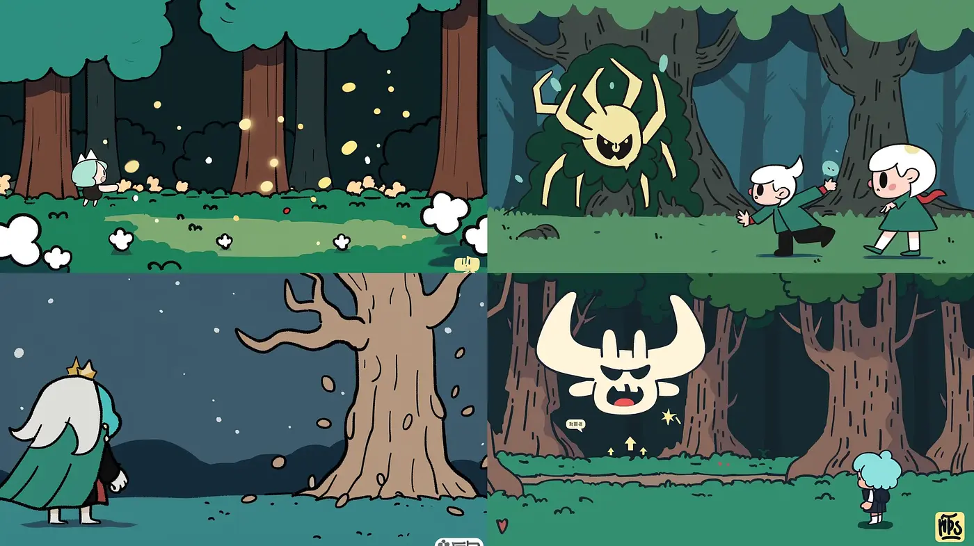 Enchanted Forest Adventure in Stylized Cartoon Aesthetics - Midjourney sref style