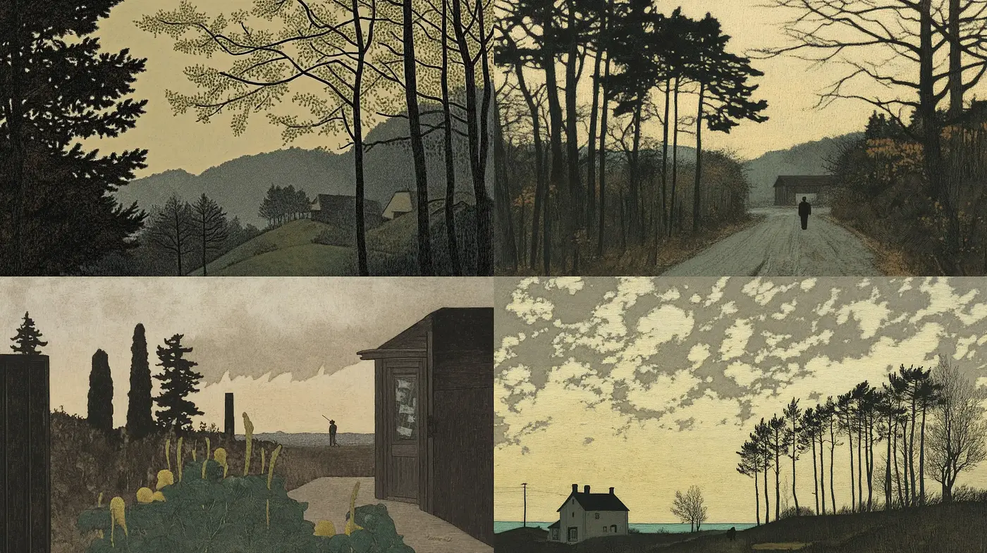 Twilight Ambience in Stylized Pastoral Scenes - Midjourney sref style