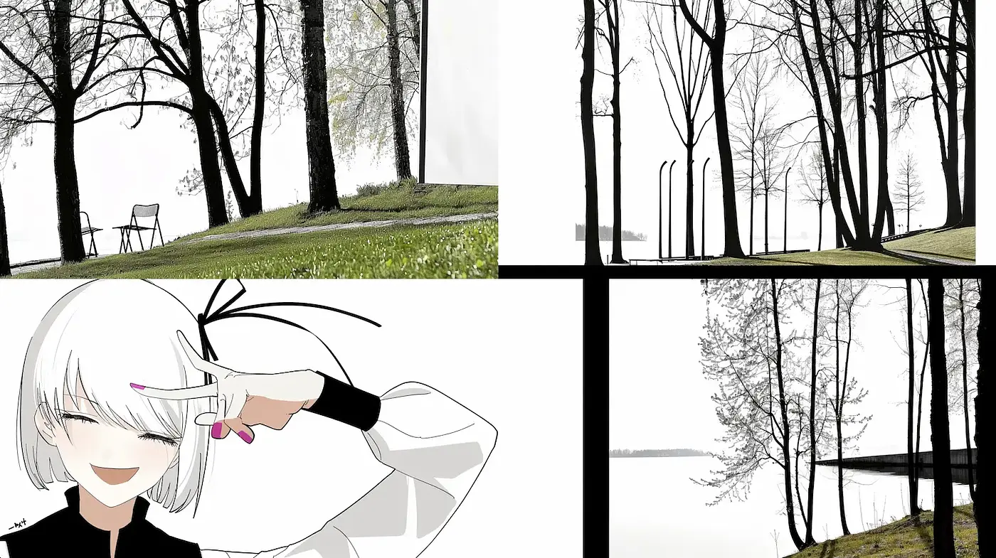 A harmonious blend of minimalist landscapes and whimsical character designs - Midjourney sref style