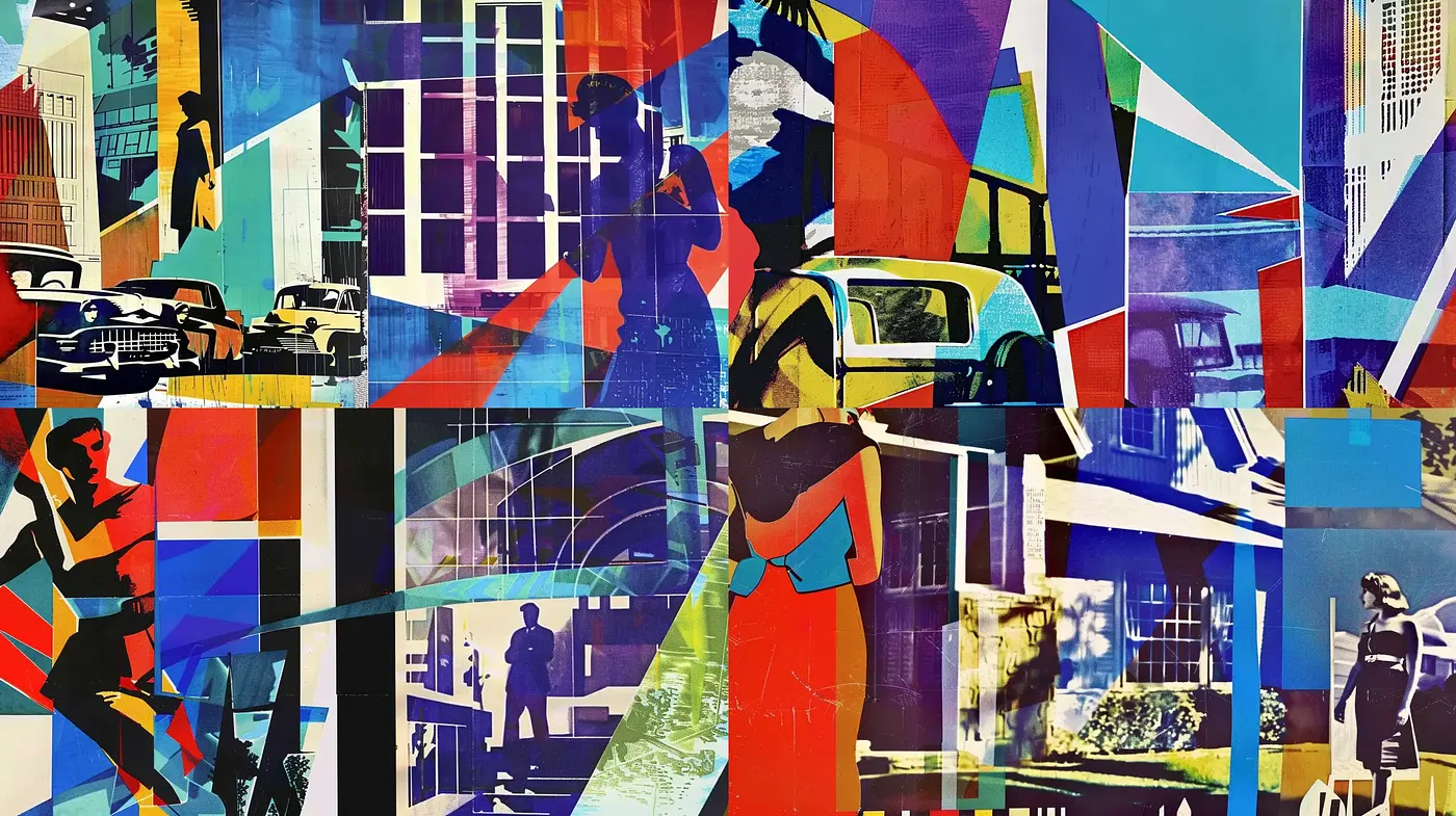 Collage of Chromatic Intrigue: An Exploration of Urban Fragmentation - Midjourney sref style