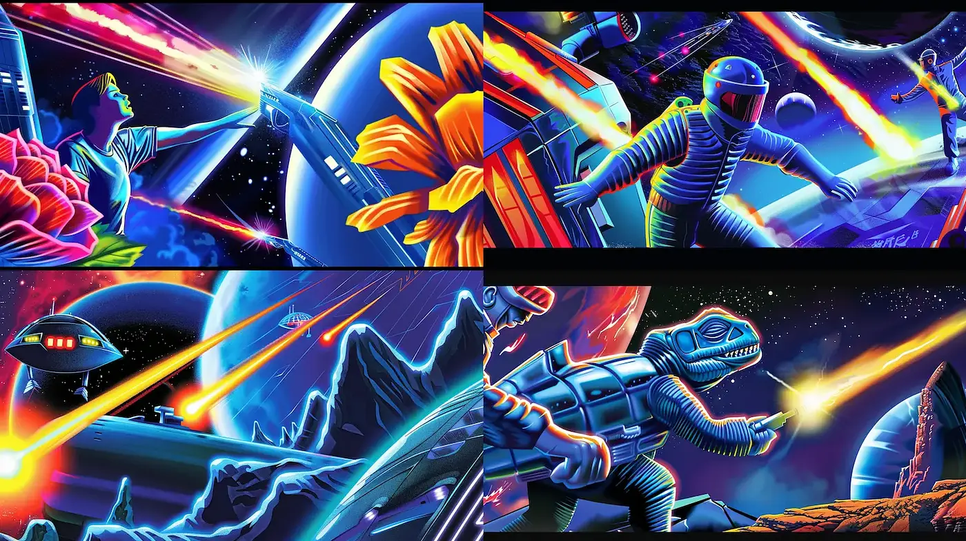 Futuristic Retro Science Fiction Artwork with Vibrant Colors and Dynamic Action - Midjourney sref style