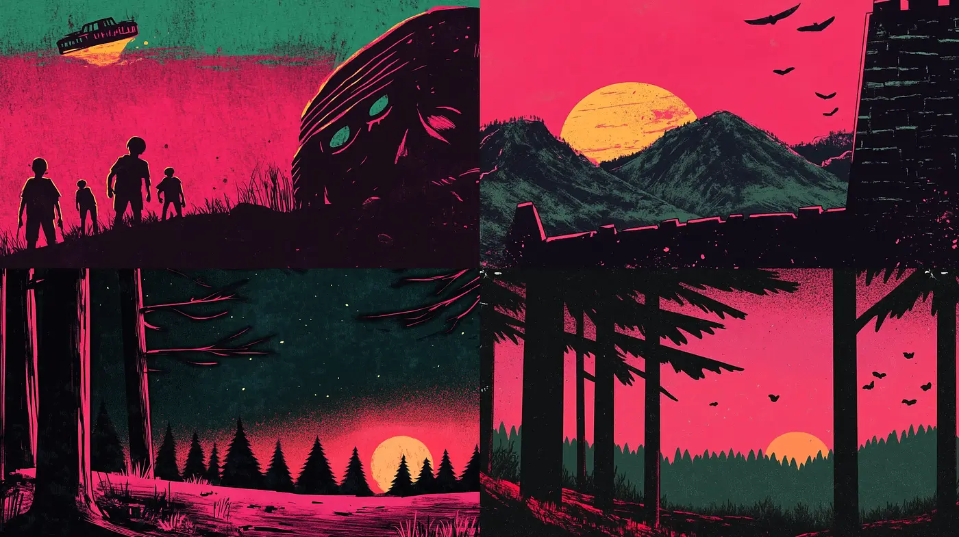 Ethereal Twilight Vistas: A Study in Crimson and Teal - Midjourney sref style