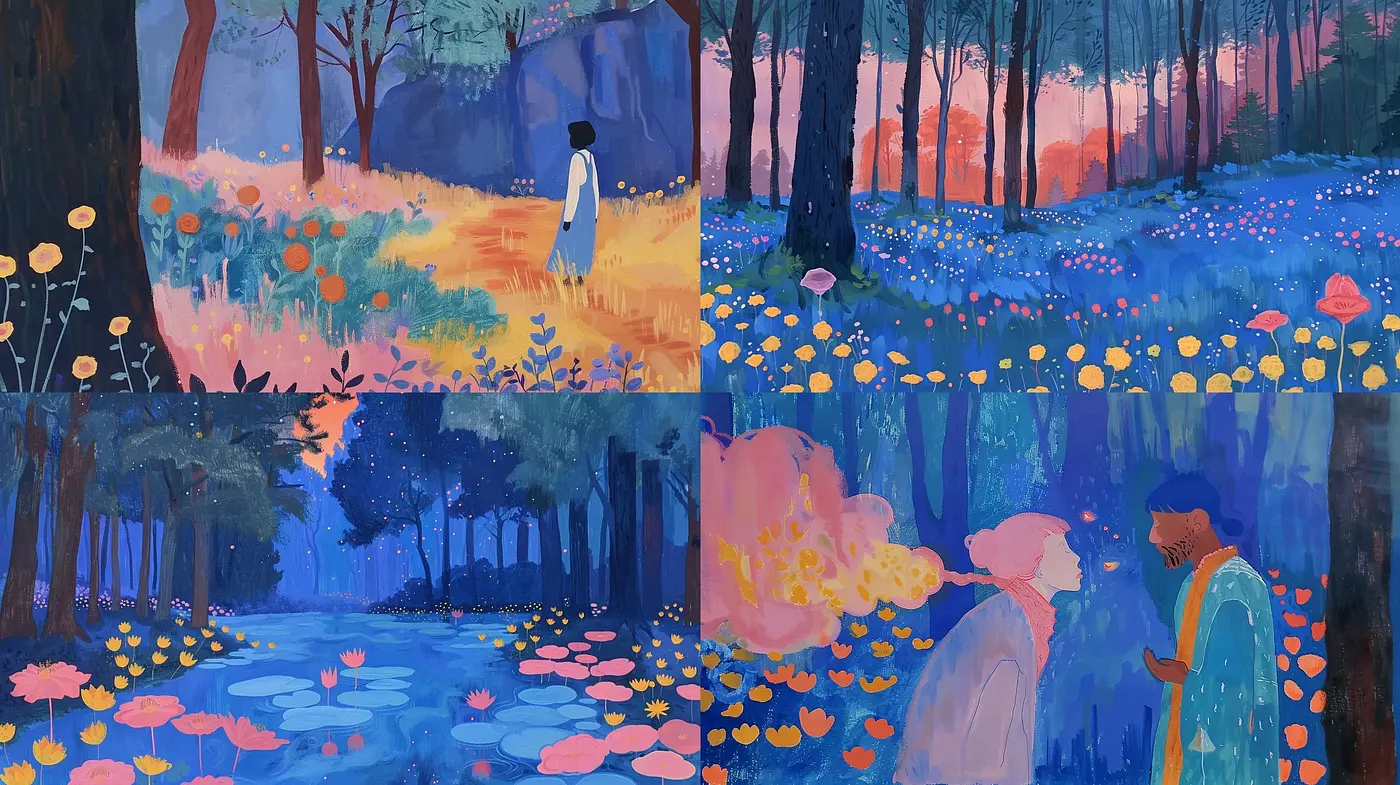 Whimsical Dusk: A Serene Intersection of Nature and Dreamlike Hues - Midjourney sref style