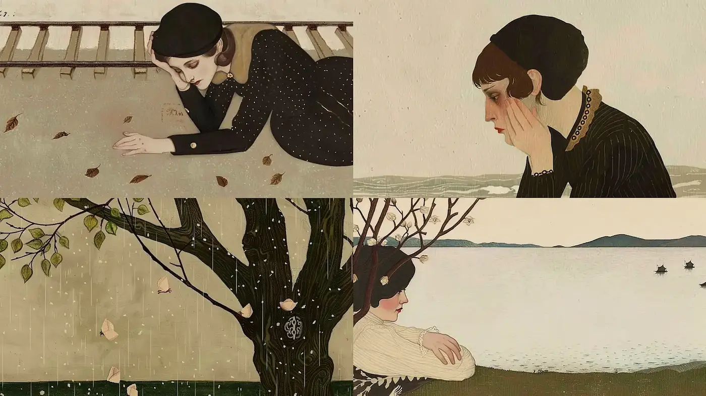 Whimsical melancholy with intricate detail and subdued tones - Midjourney sref style