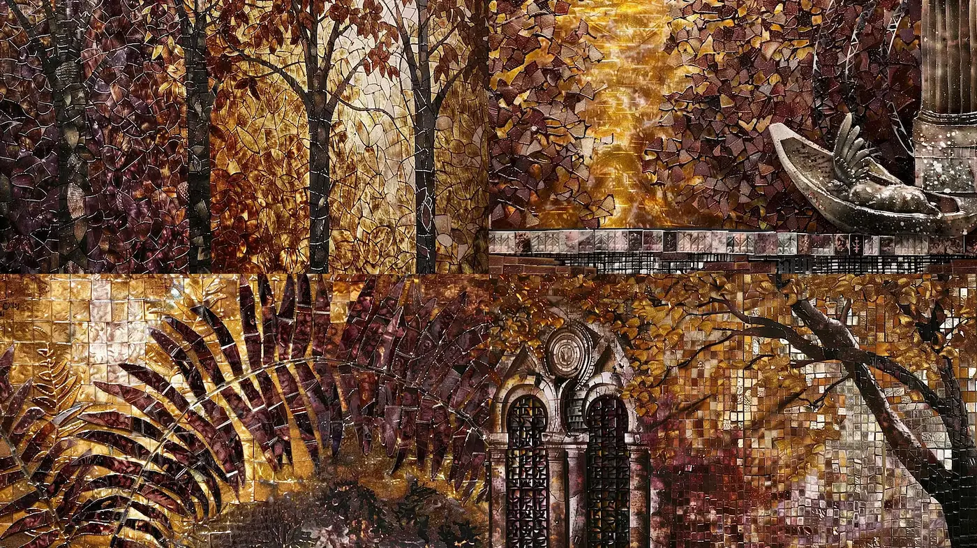 Richly Textured Autumnal Landscape with Mosaic Elements - Midjourney sref style
