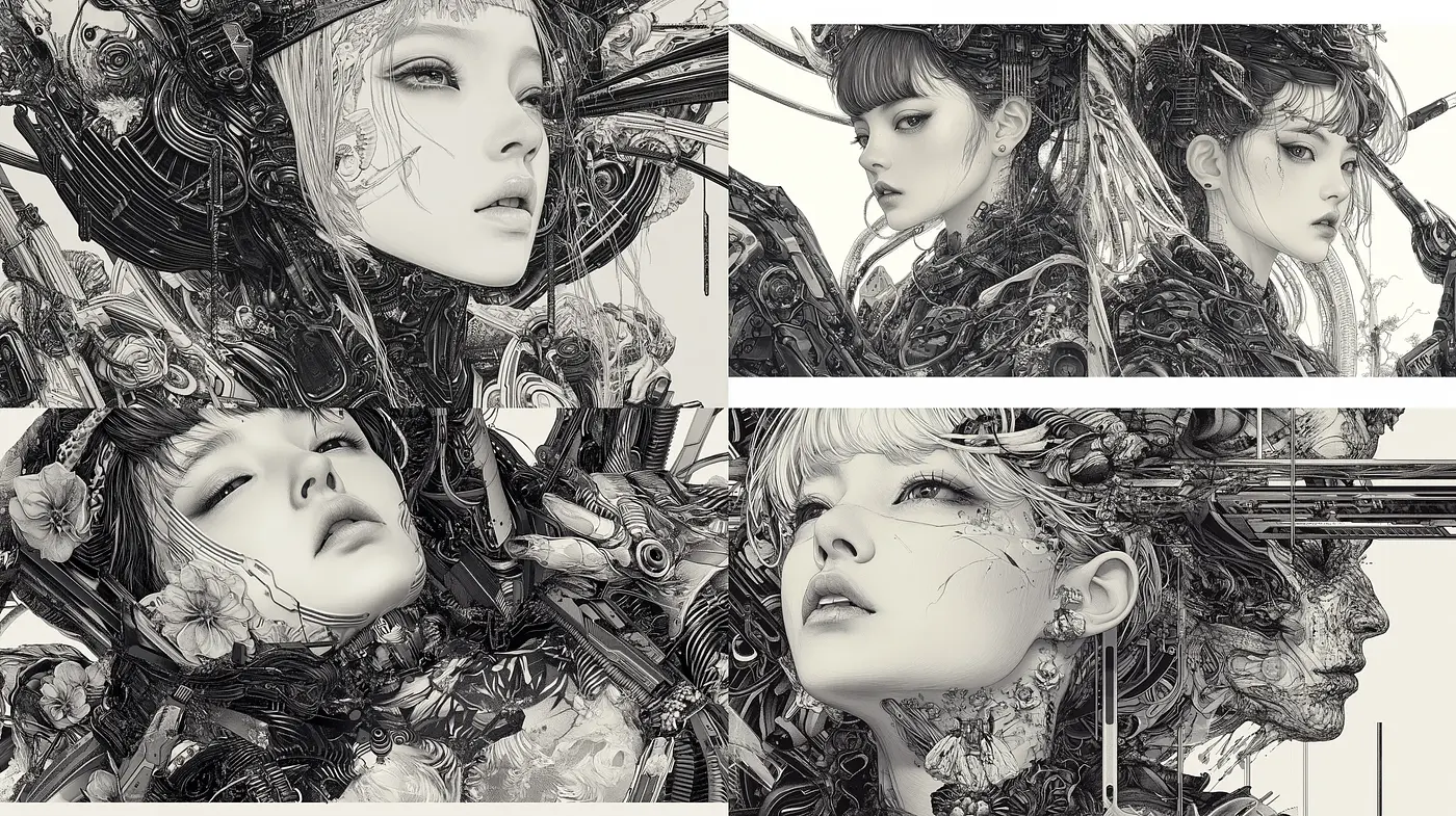 Monochromatic Cybernetic Dreamscape with Baroque Influences - Midjourney sref style