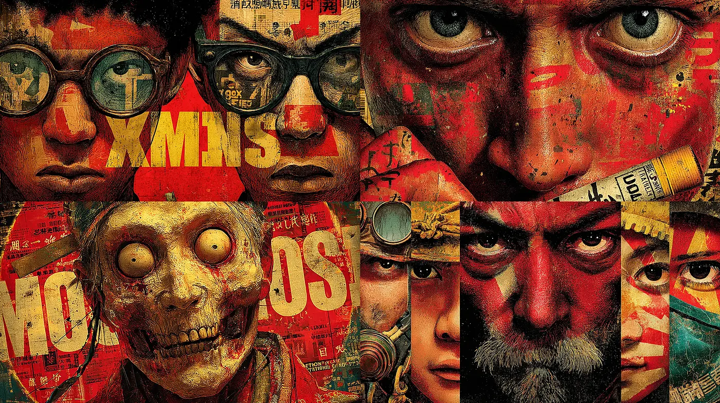 Dramatic and Vibrant Collage of Distinct Characters with Mixed Textures - Midjourney sref style