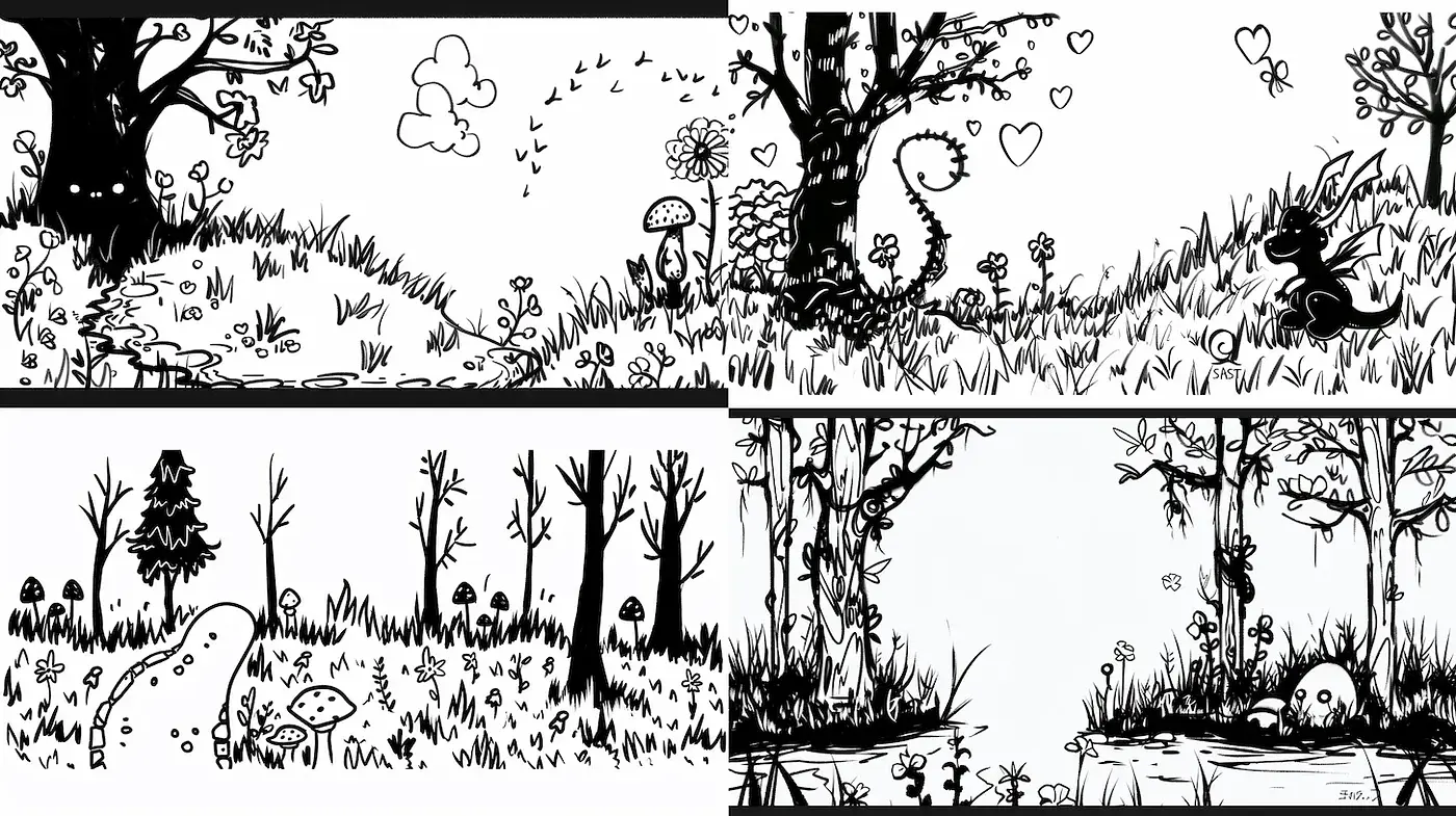 Whimsical Black-and-White Forest Illustrations with Playful Characters - Midjourney sref style