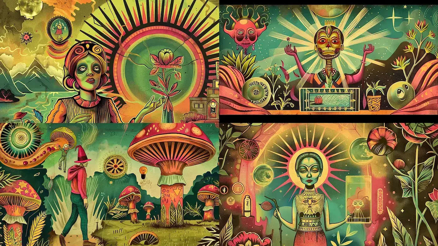 Psychedelic Narratives in a Surrealist Garden - Midjourney sref style