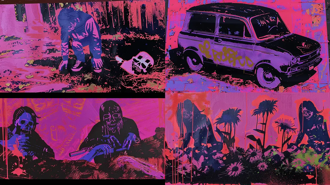 Psychedelic Noir: A Fusion of Vibrant Hues and Dark Undertones - Midjourney sref style