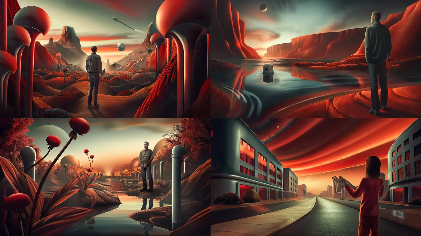 Surreal Dusk: Harmonizing the Aesthetics of Alien Geographies and Human Solitude - Midjourney sref style