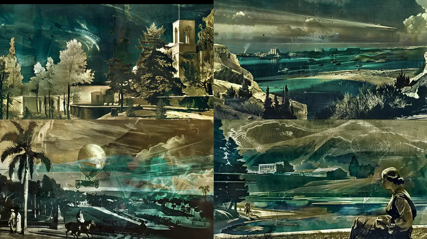 Dreamlike Tapestry of Serenity - A Fusion of Surrealism and Vintage Pastoral Landscapes - Midjourney sref style