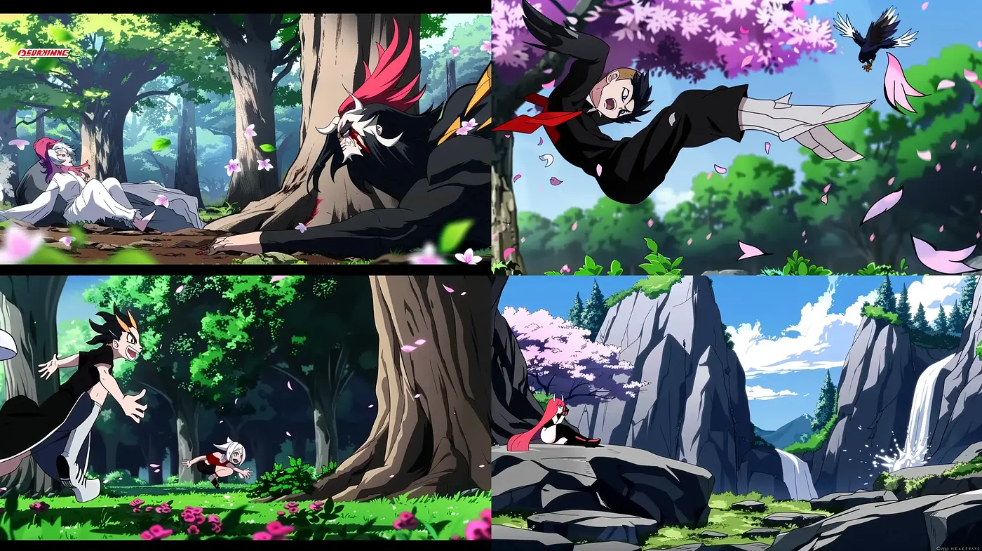 Dynamic Anime-Inspired Action Sequences with Lush Environments - Midjourney sref style
