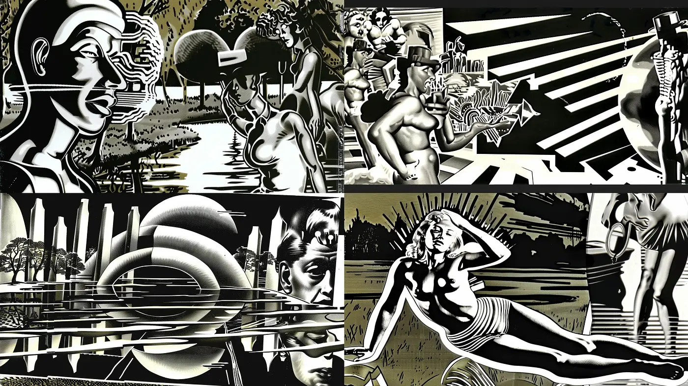 Monochromatic Dynamism with Retro-Futuristic Aesthetics - Midjourney sref style