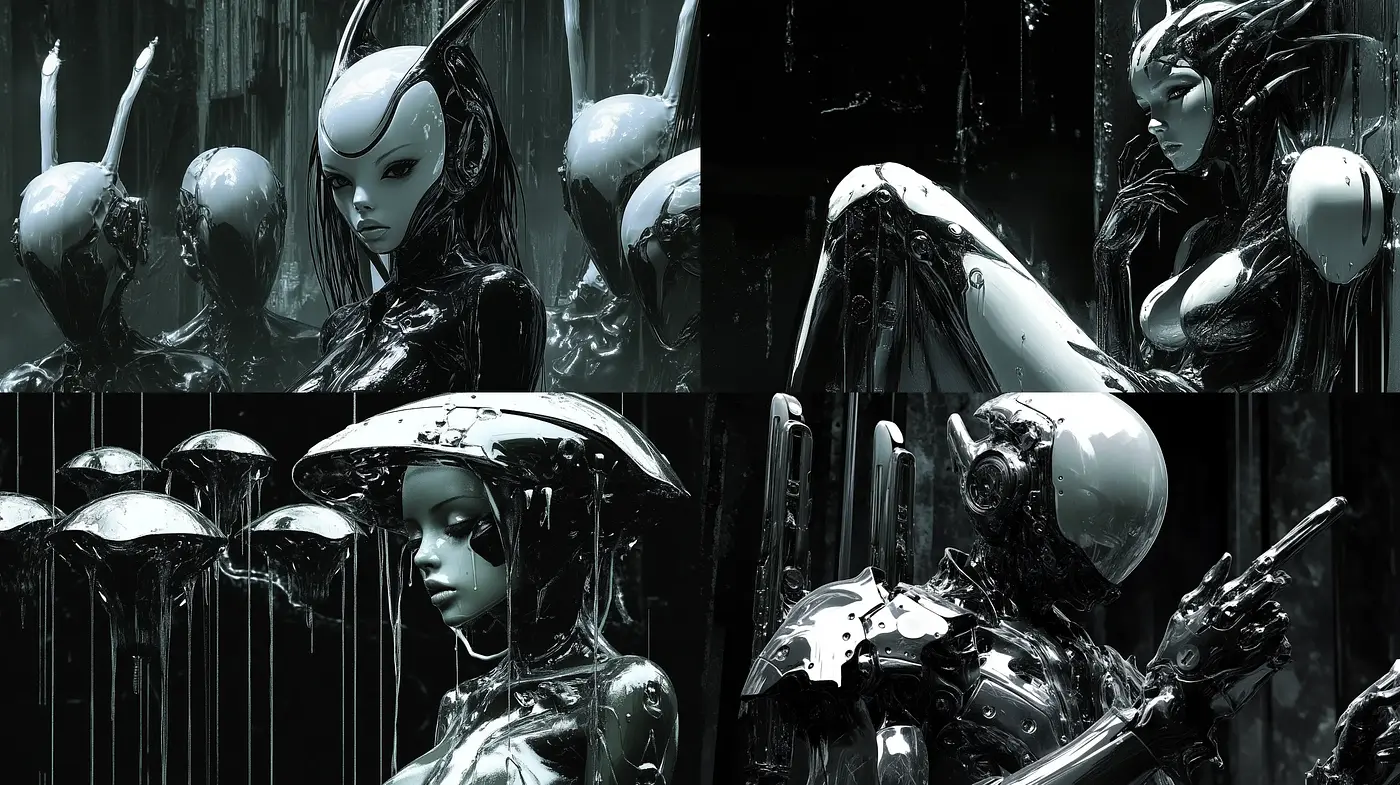 Monochromatic Cybernetic Dreamscape: A Symbiosis of Science Fiction and Dark Gothic Aesthetics - Midjourney sref style