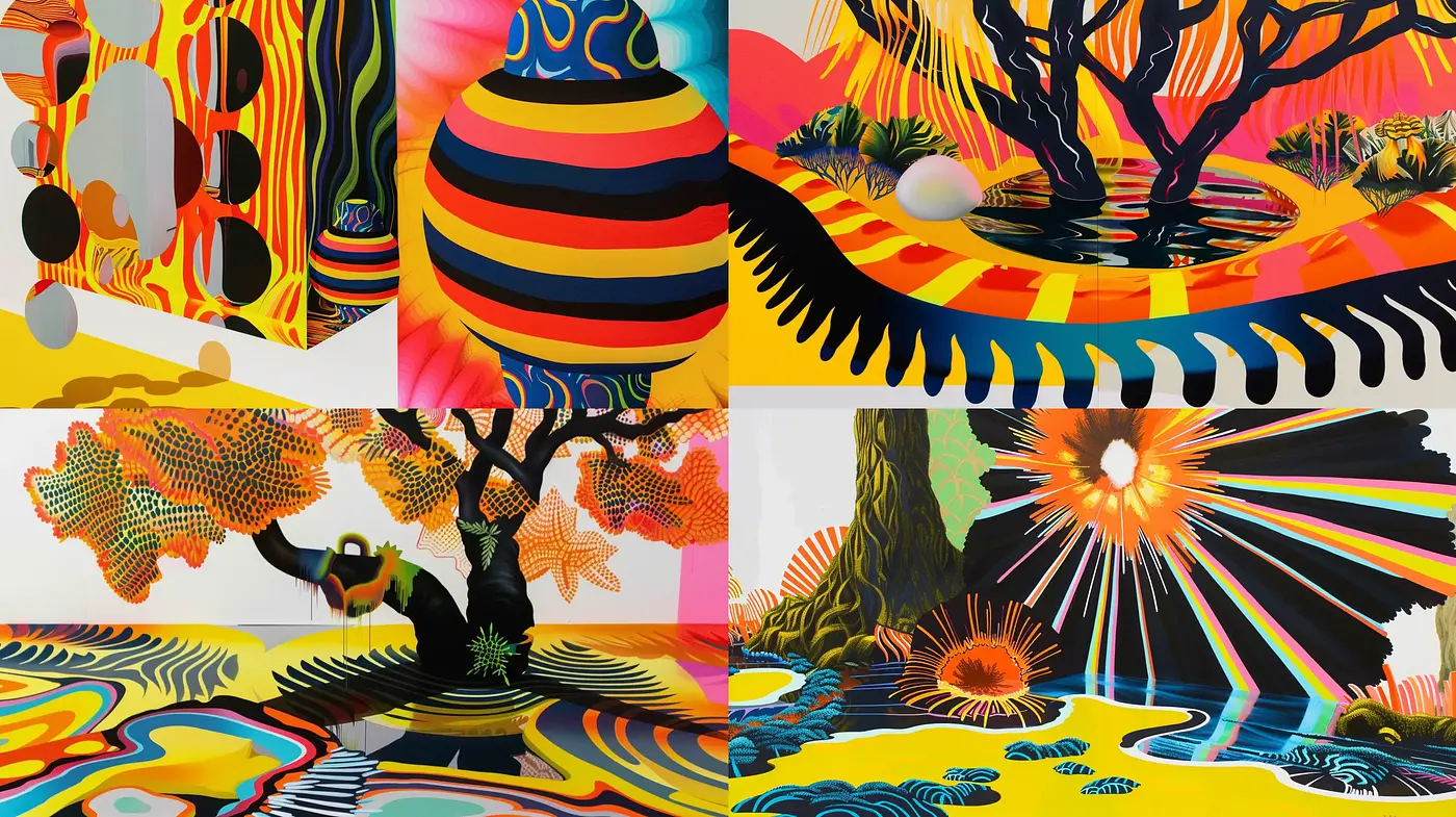 Psychedelic Vividness with Fractal-Like Patterns and Surreal Eclectic Landscapes - Midjourney sref style