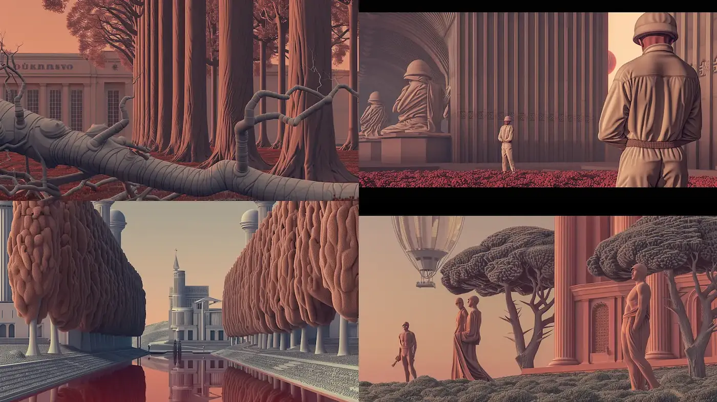 Surreal architectural landscapes with a vintage aesthetic and muted tones - Midjourney sref style
