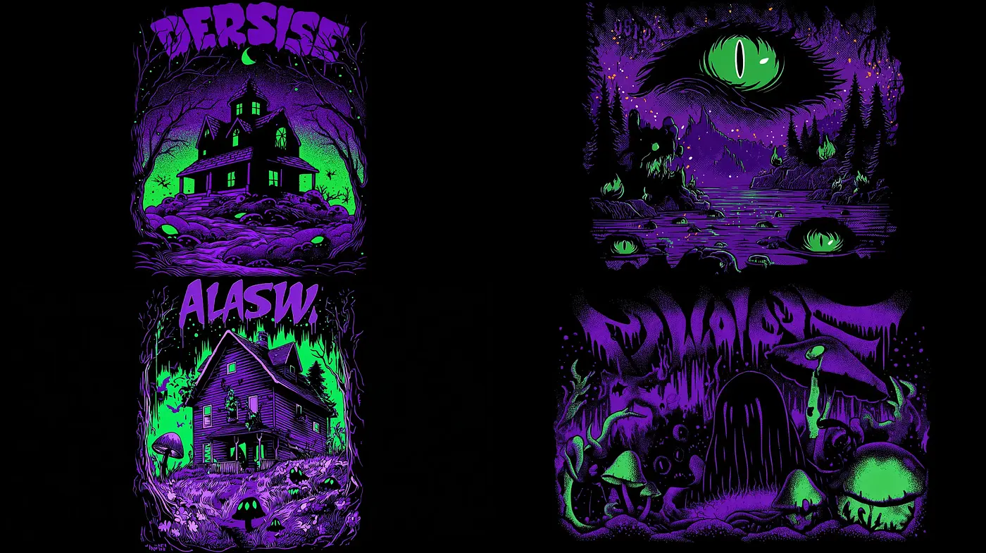 Eerie Retro Gothic Illustrations with Luminous Elements - Midjourney sref style