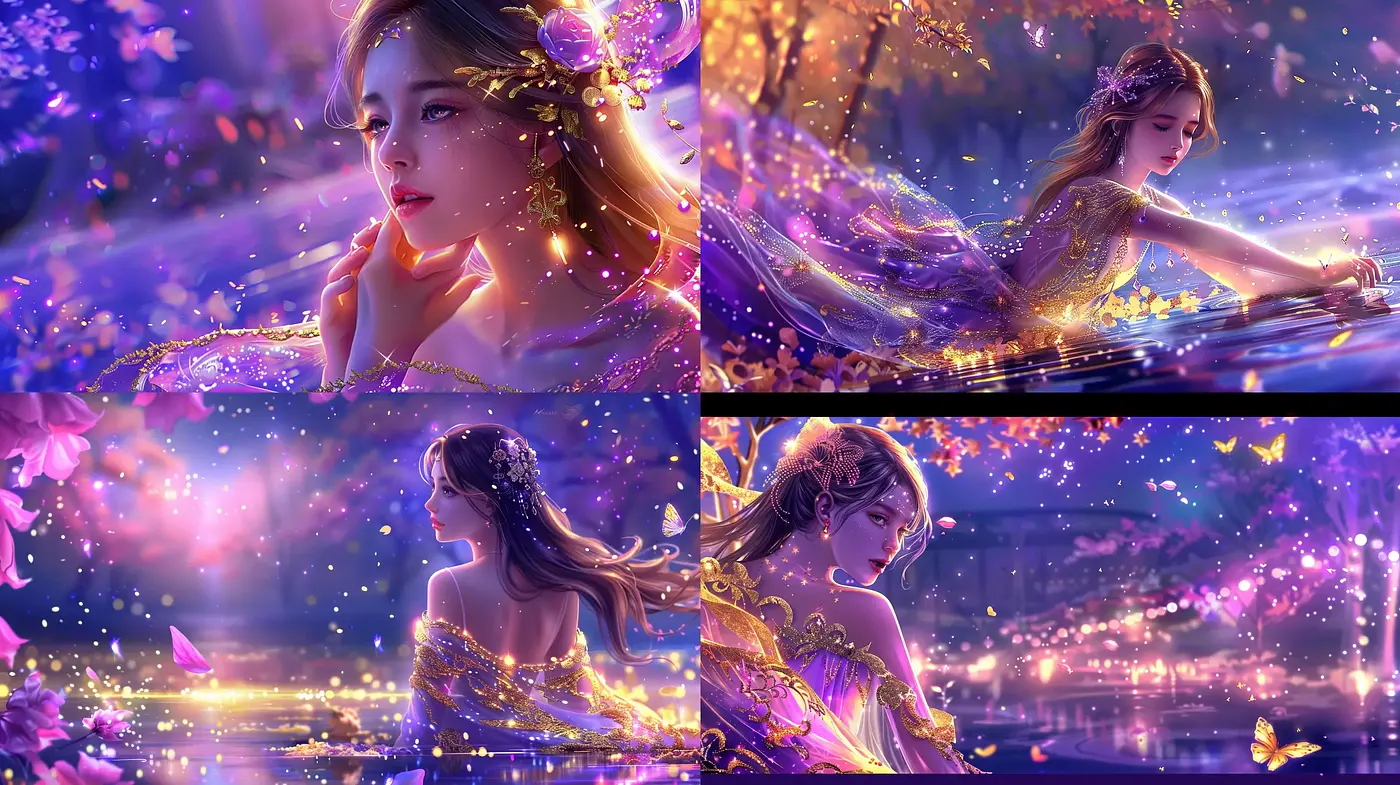 Ethereal Twilight Dreamscapes in Luminous Purples and Golds - Midjourney sref style