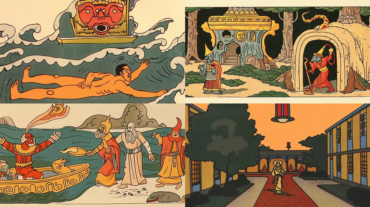 Mythical Nostalgia in Stylized Tableau Illustrations - Midjourney sref style