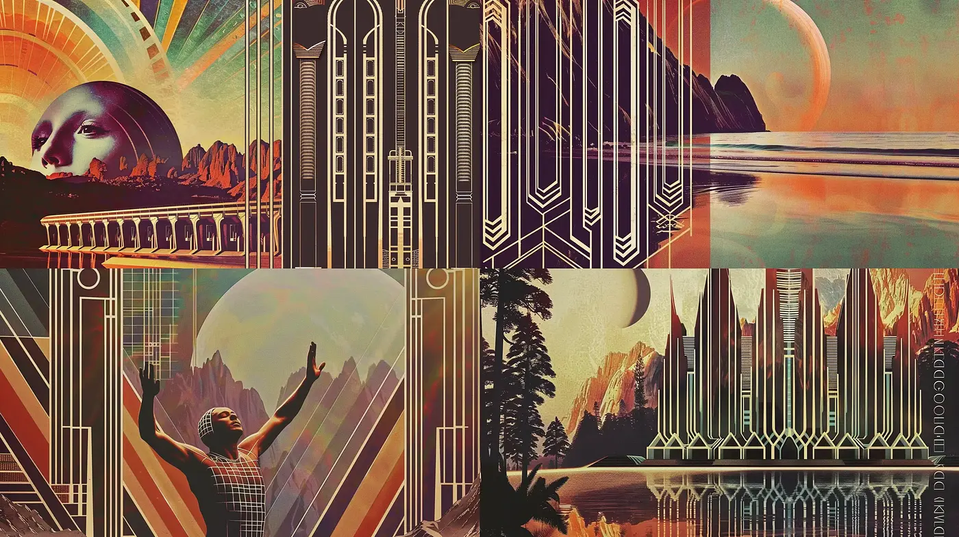 Sunset Deco Dreamscape: A Fusion of Art Deco Elegance and Surreal Sunset Vistas - Midjourney sref style