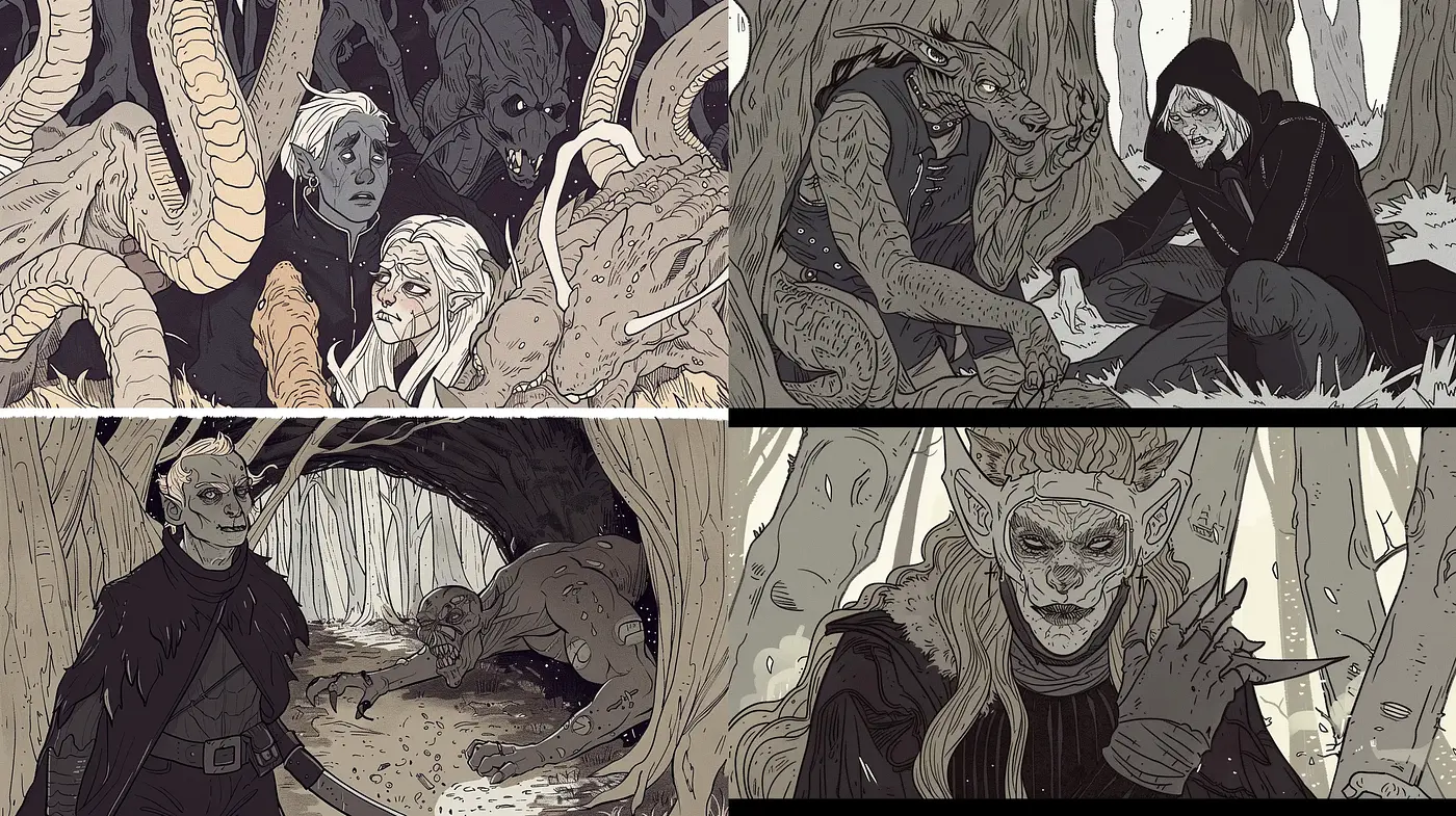 Gothic Monochrome Fantasy Art with Ethereal Characters - Midjourney sref style