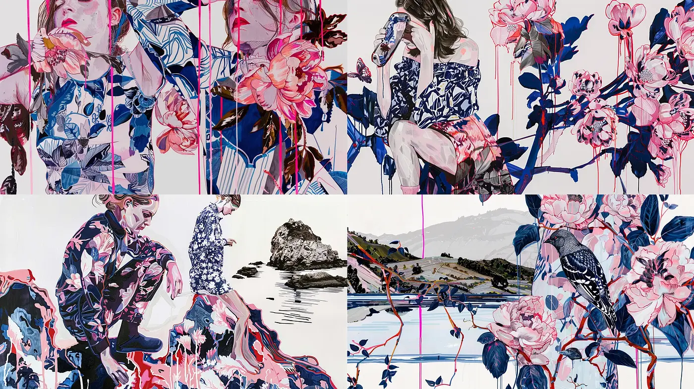 Contemporary Floral Tapestry with Graphic Novel Influence - Midjourney sref style