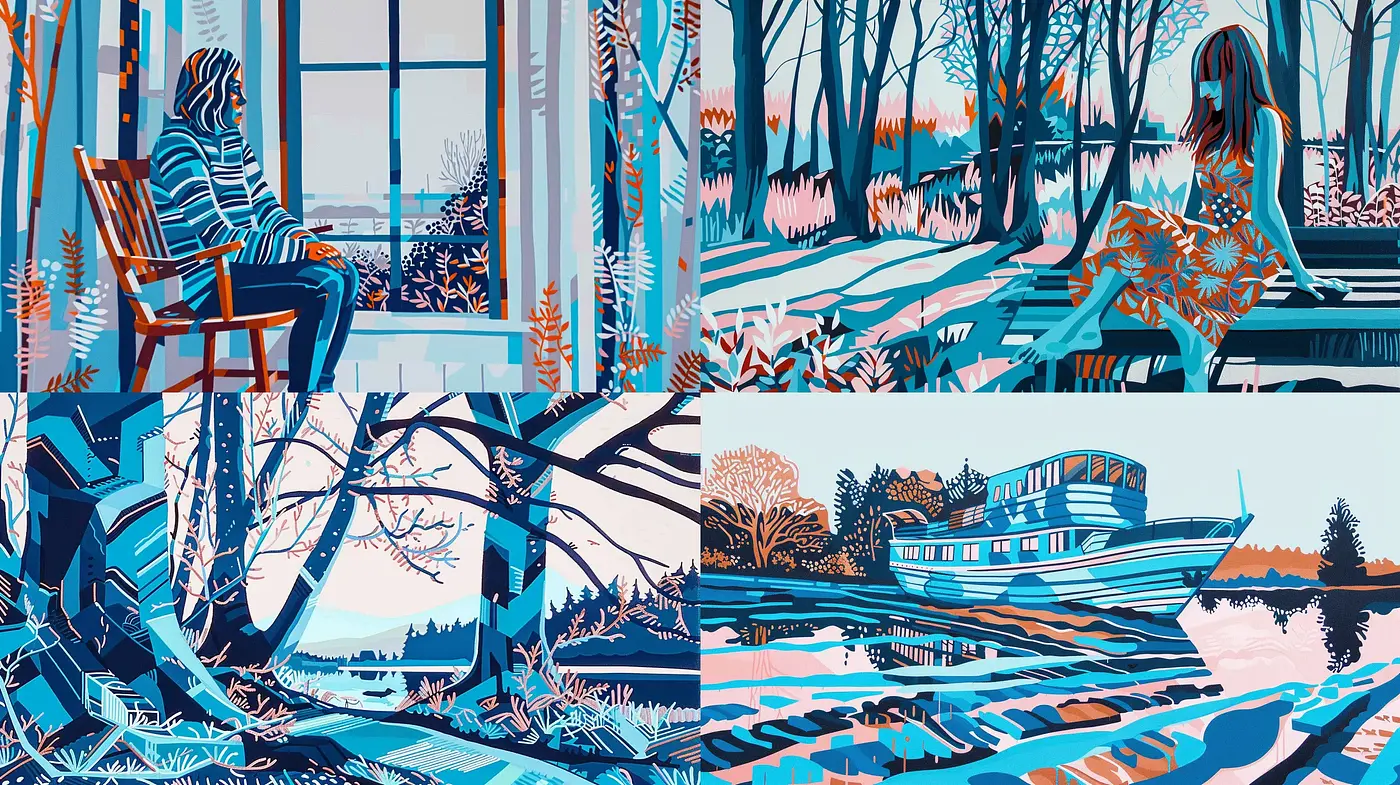 Serene Cyan and Coral Tableaux: A Visual Harmony of Nature and Tranquility - Midjourney sref style